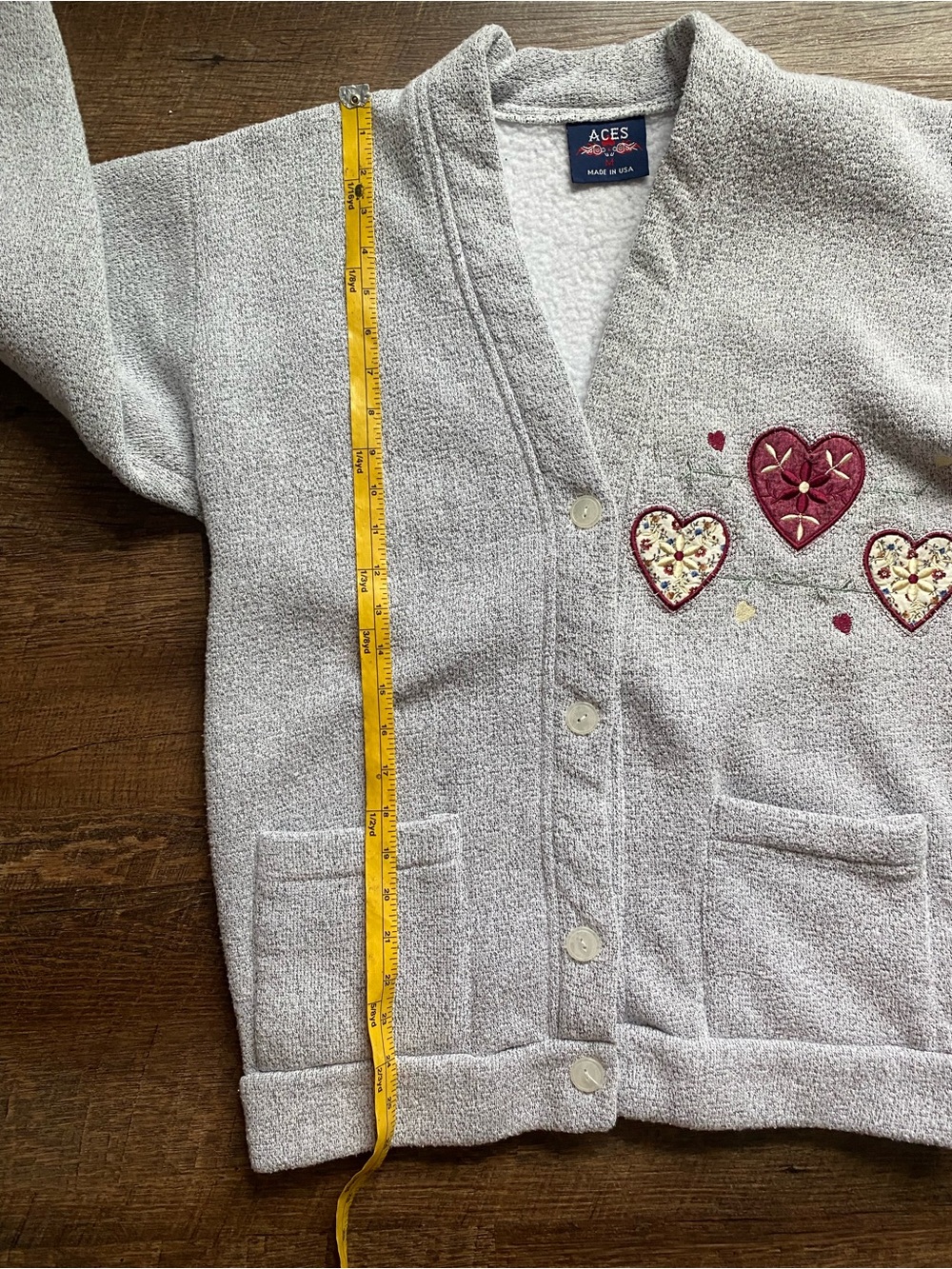 Vintage 90s ACES fleece cardigan sweatshirt embroidered hearts cottage granny M - Picture 12 of 12